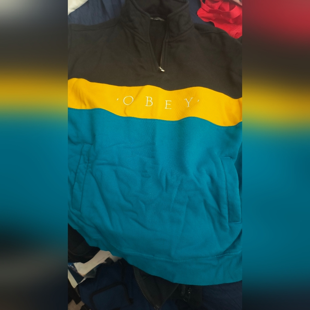 Obey Black and Teal Pullover medium